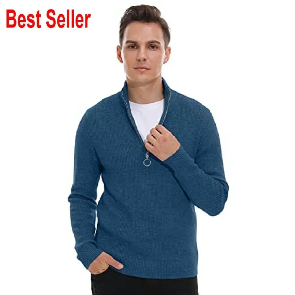Quarter Zip Turtleneck Sweater Classic Ribbed Pullover Soft Knit Men's